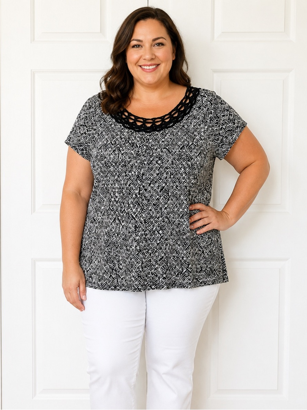 St. John's Bay Black & White Graphic Short Sleeve Blouse Crochet Neck